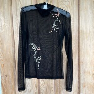 Cinq à Sept Whimsical Paisley Embroidered Sheer Mesh Turtleneck Black, Medium